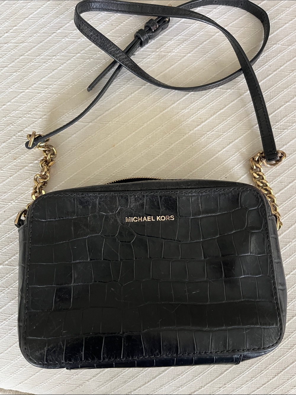 Michael Kors Black Croc-Embossed Leather Crossbody with Gold Chain